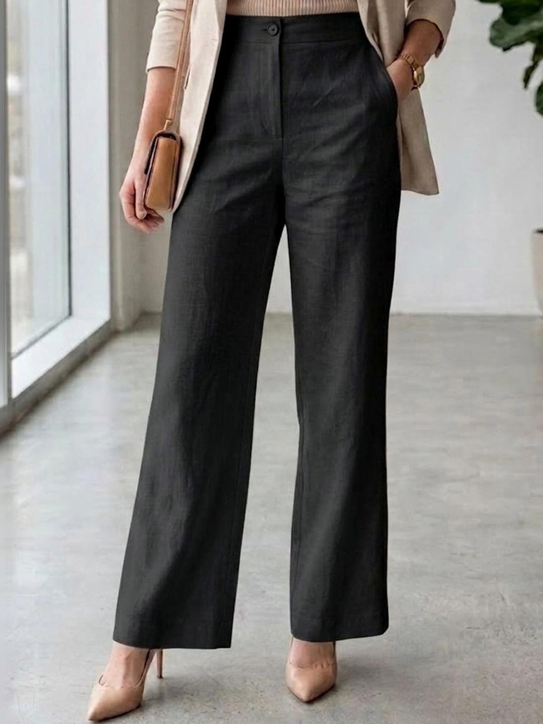 VOGAAN Women Textured Relaxed Straight Fit High-Rise Easy Wash Linen Trousers