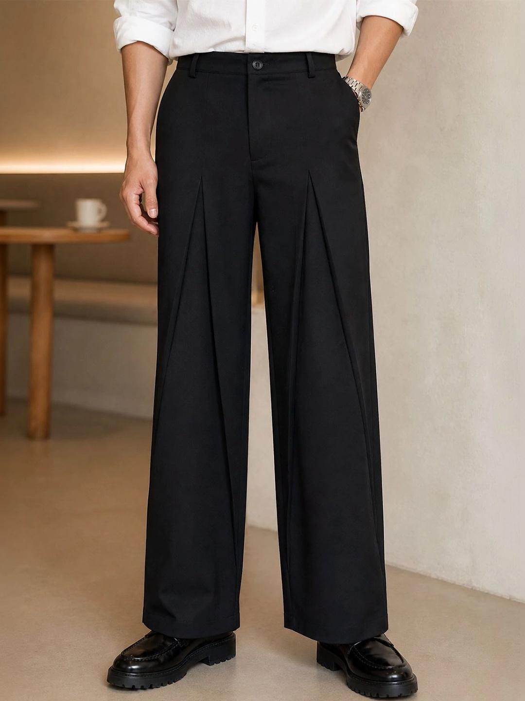 PERCH Men Black Relaxed Loose Fit Pleated Trousers - Image 1