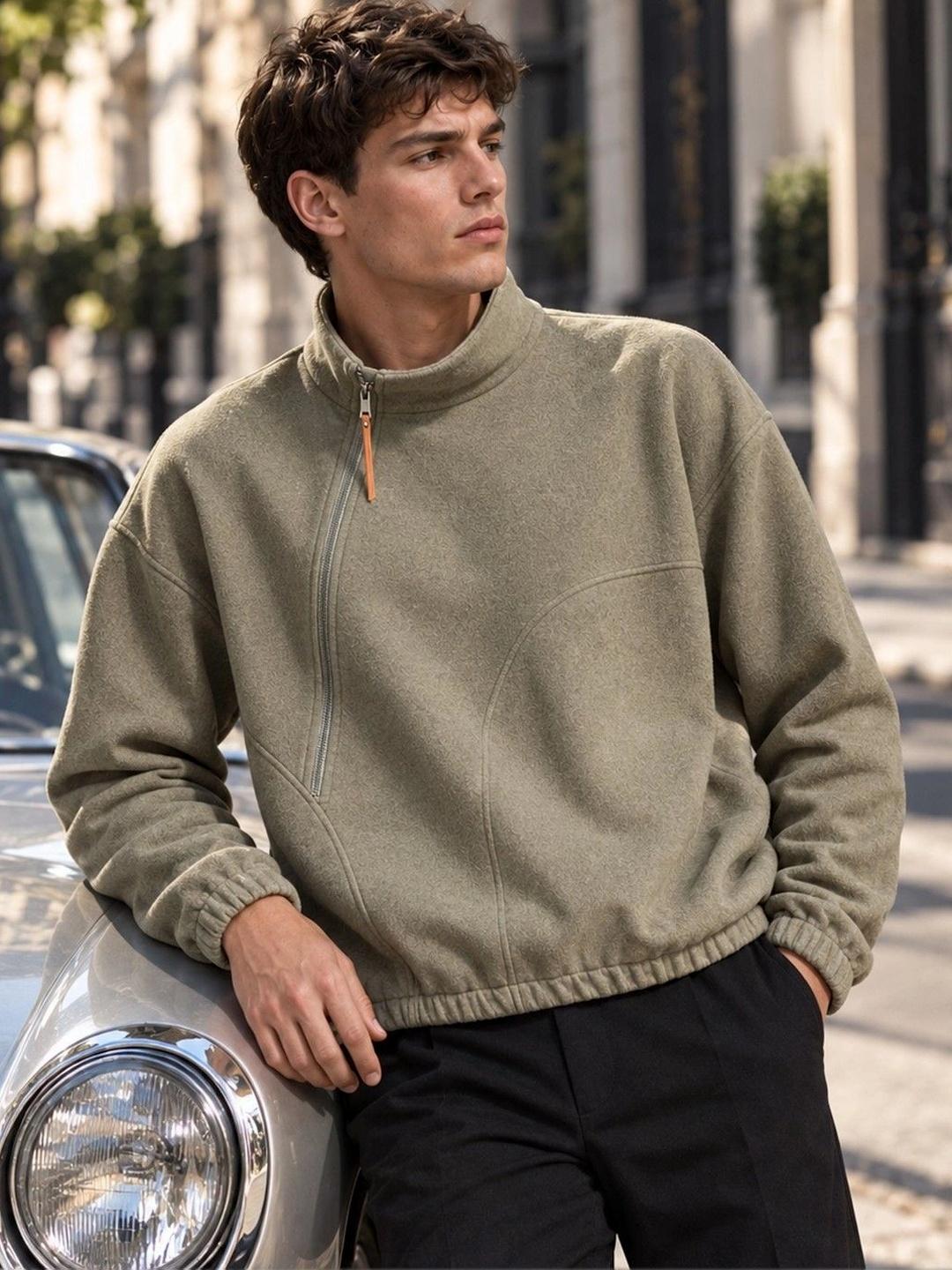 Suo Men Green Solid High Neck Sweatshirt - Image 1