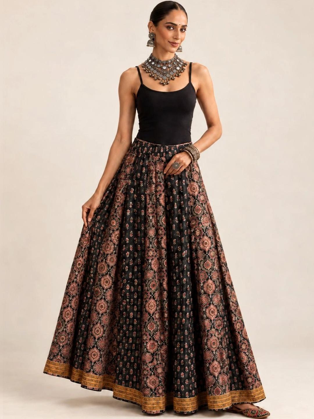 Varanga Women Cotton Cambric Paisley Maxi Flared Skirt