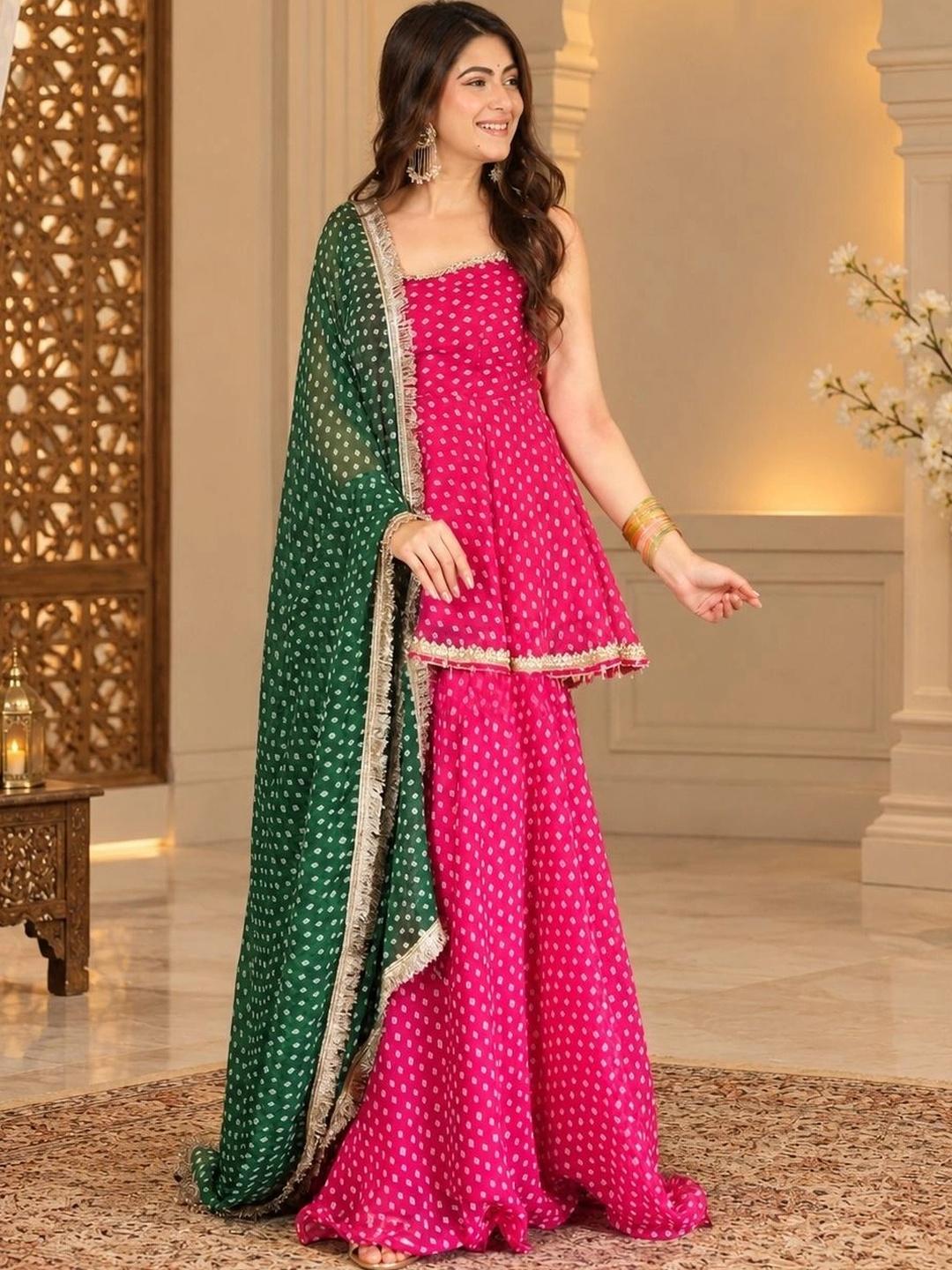 Ankira Fashion Women Leheriya Printed Tiered Kurta with Sharara & - Image 1