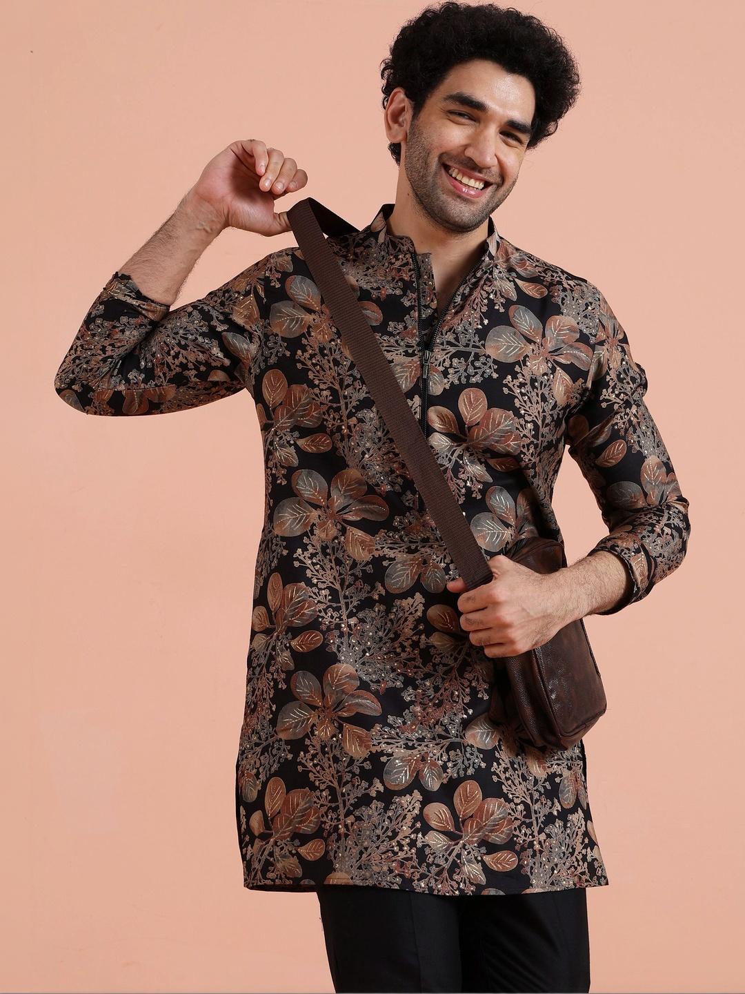 KISAH Black Floral Printed Mandarin Collar Straight Kurta - Image 1