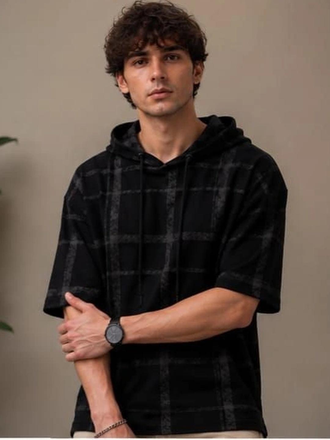 SAHHAYE Men Checked Hooded T-Shirt - Image 1