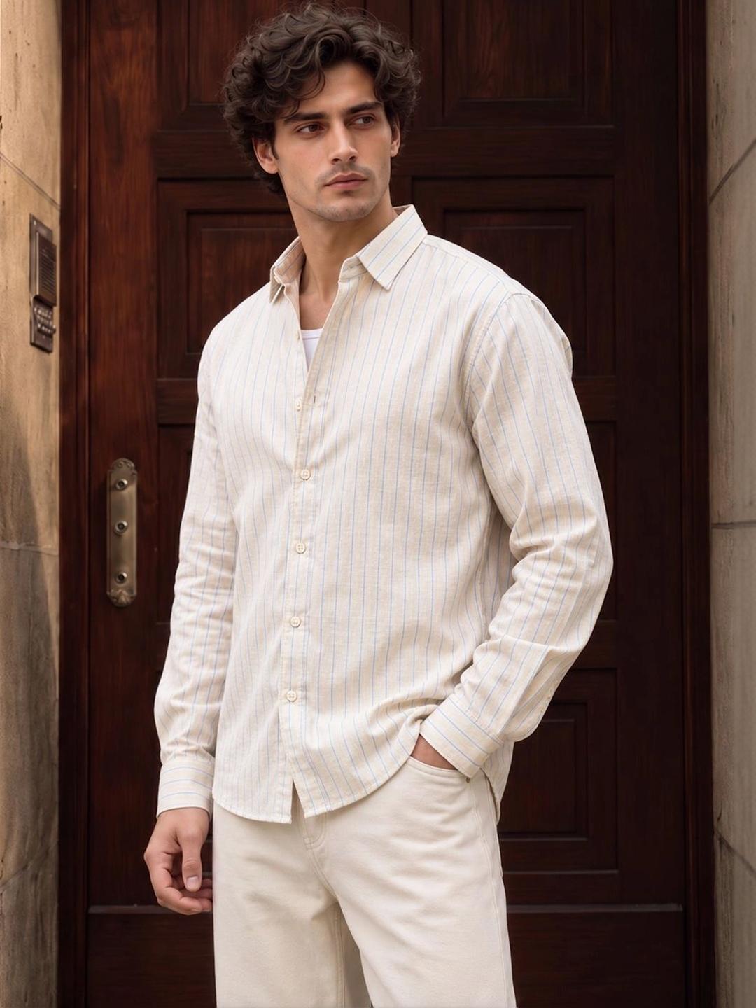 Powerlook Linen Horizontal Stripes Cotton Long Sleeves Shirt - Image 1
