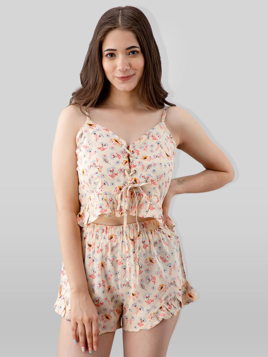 night dress shorts for women Multicolor Floral Printed Cotton Women's Night Suit-Shorts set