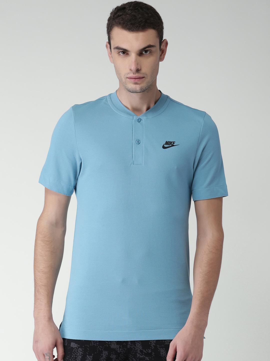 Buy Nike Men Blue AS M NSW GSP Solid Mandarin Collar T-shirt
