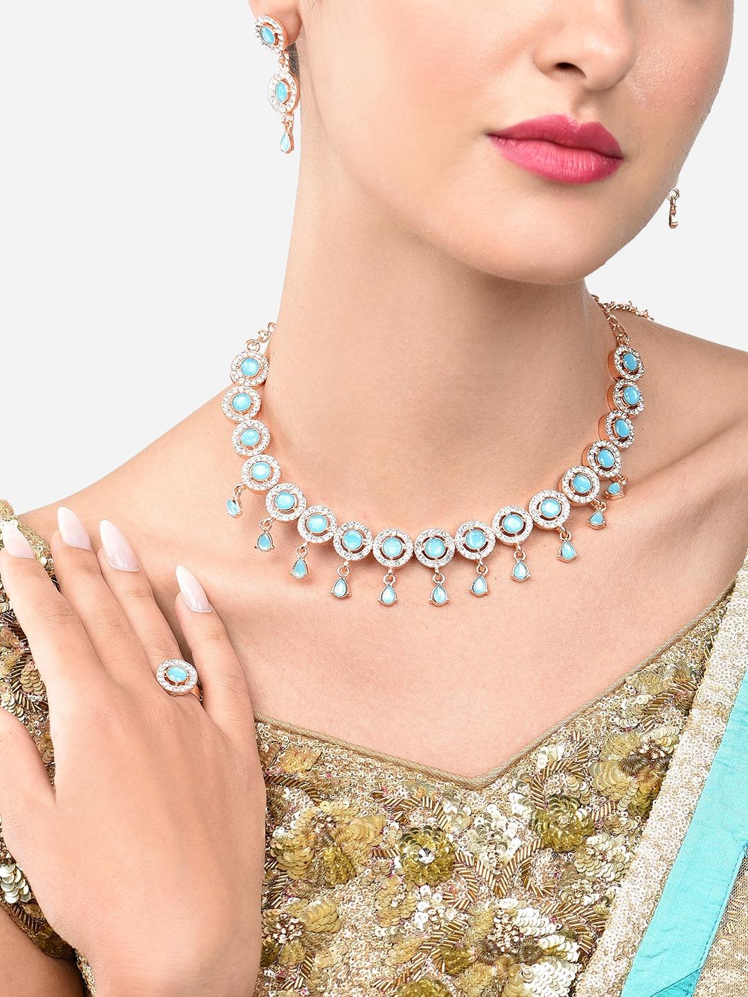Buy Zaveri Pearls Women Rose-Gold-Plated & Turquoise Blue Stone