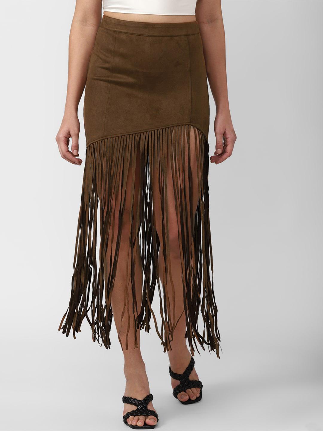 Buy FOREVER 21 Women Brown Fringed Maxi Flared Skirts Skirts for