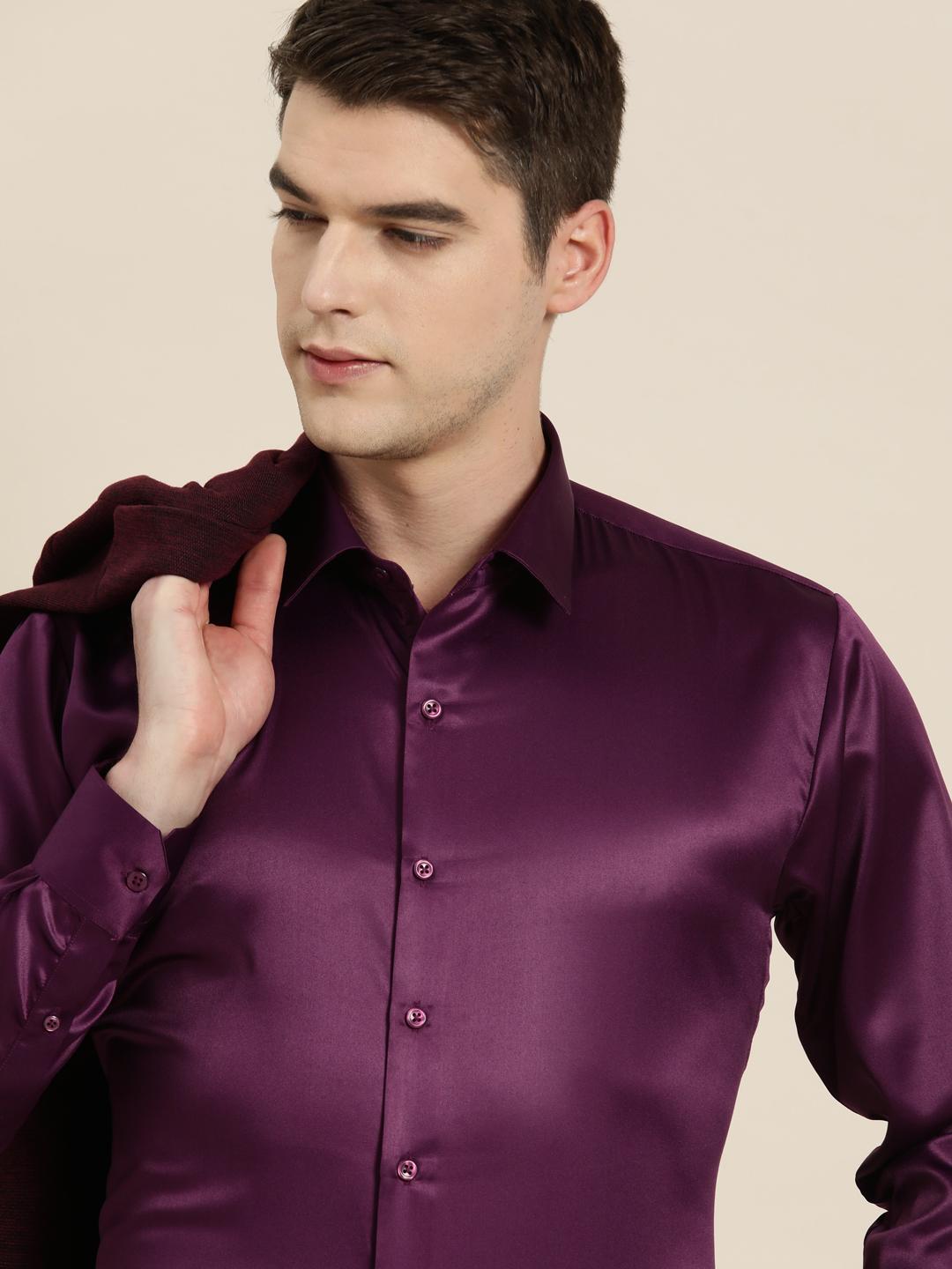 slim fit maroon silk shirt mens