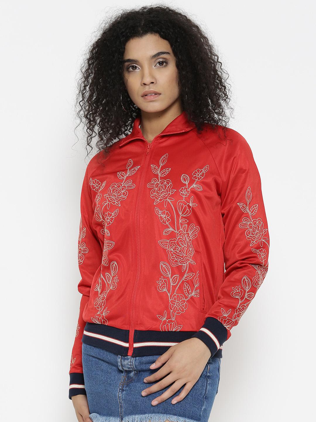 Buy FOREVER 21 Women Red Self-Design Bomber Jacket Jackets for