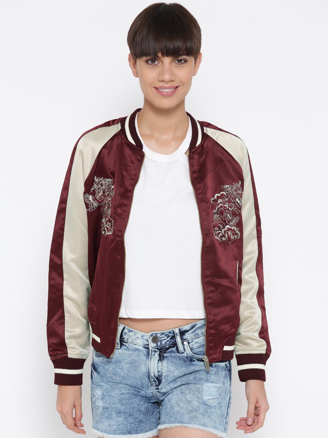 Buy FOREVER 21 Women Maroon Beige Embroidered Bomber Jacket