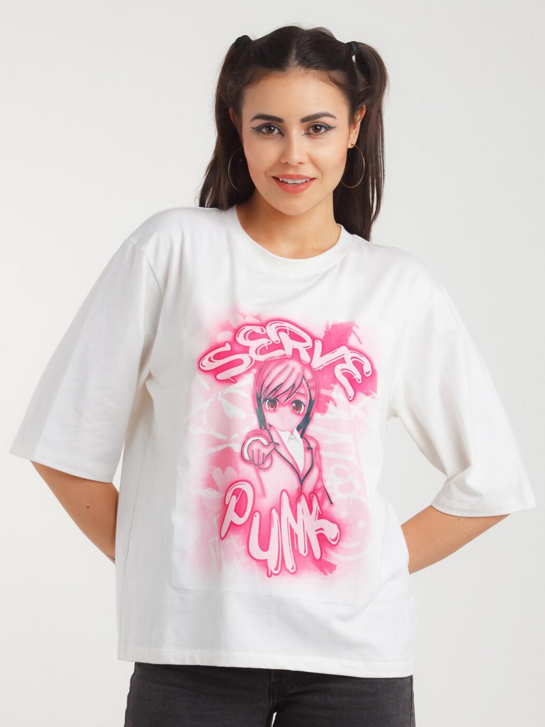 Buy zink Z Women White & Pink Graphic Print Oversized Top - Tops