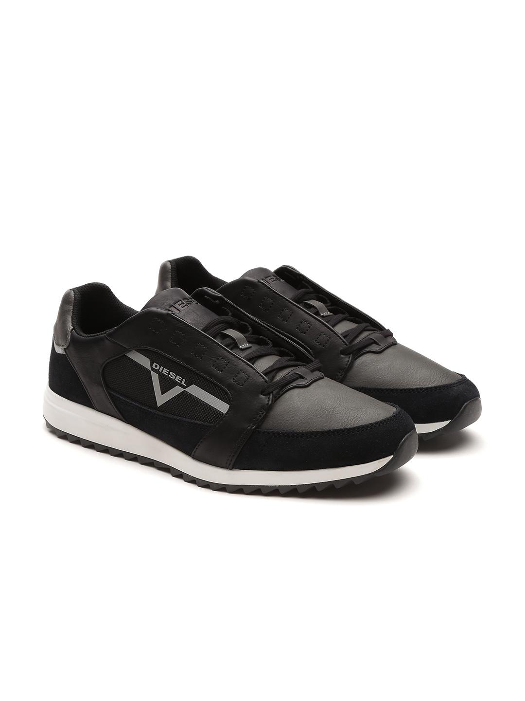 Buy DIESEL Men Black & Grey Colourblocked Leather Sneakers