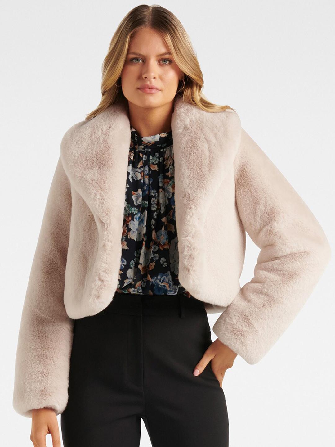 Buy Forever New Women Cream Solid Crop Faux Fur Coats - Coats for