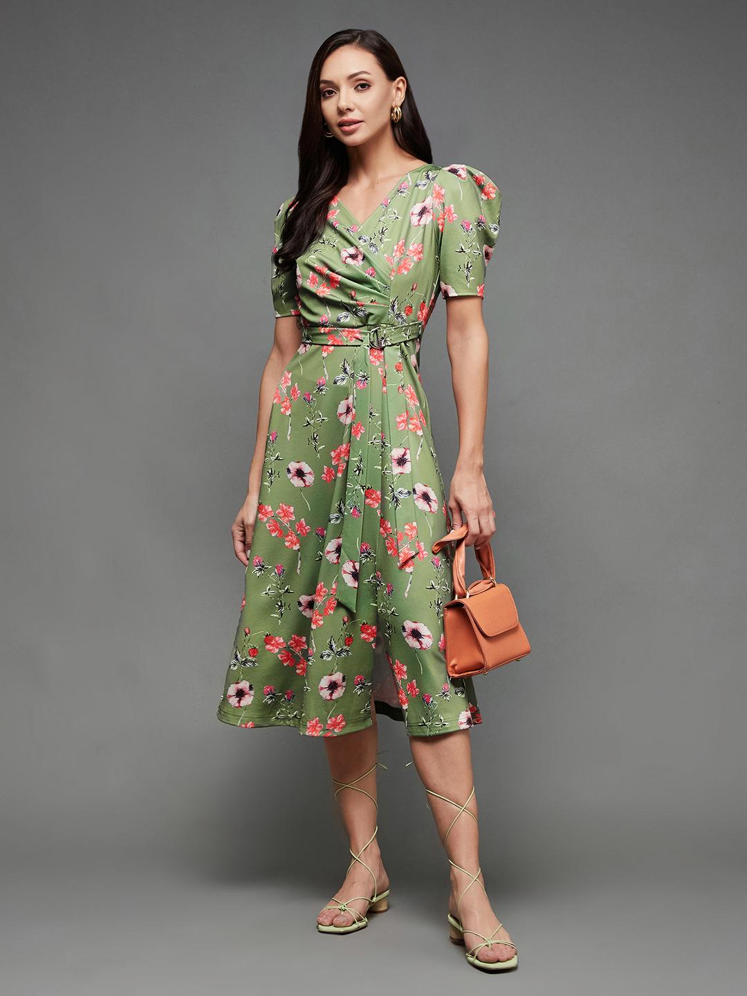 Buy Miss Chase Olive Green & Pink Floral Midi Dress - Dresses for Women  20787654 | Myntra