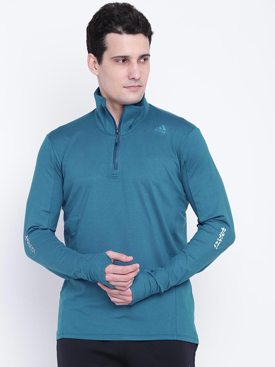 Buy ADIDAS Men Teal Blue SN 1/2 ZIP Mock Collar T-shirt - Tshirts