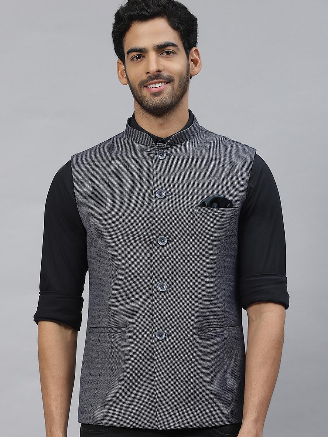Buy ESSAS club Men Checked Nehru Jacket with Pocket Square - Nehru