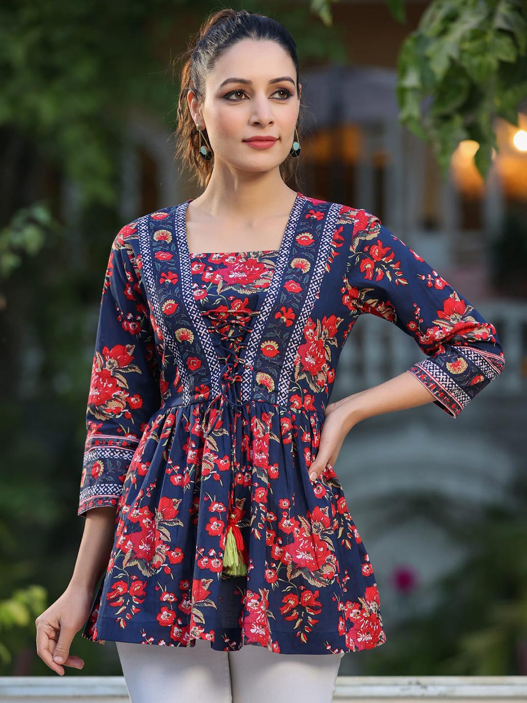 Buy Rain & Rainbow Floral Print Cotton Empire Top - Tops for Women