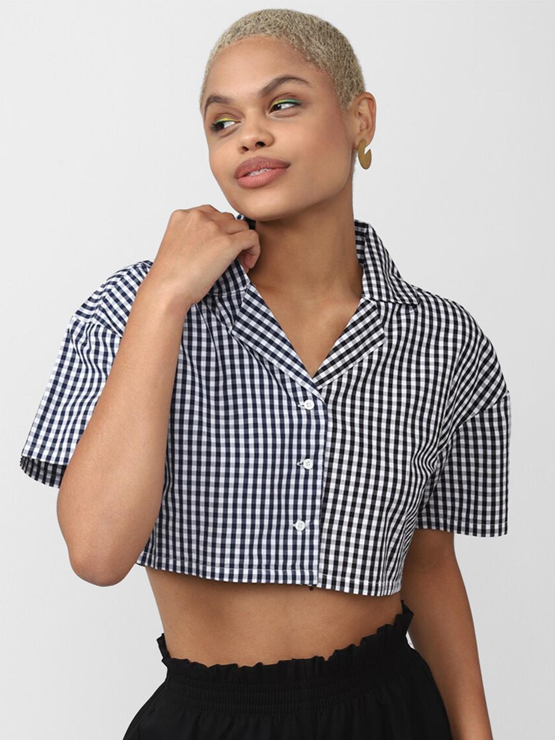 FOREVER 21 Women Boxy Gingham Checked Pure Cotton Crop Casual Shirt