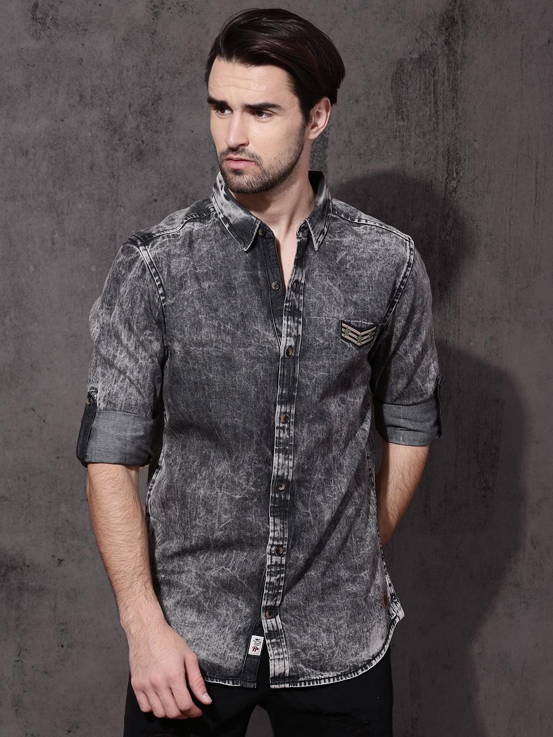 Buy Roadster Men Black Slim Fit Faded Denim Shirt Shirts for Men