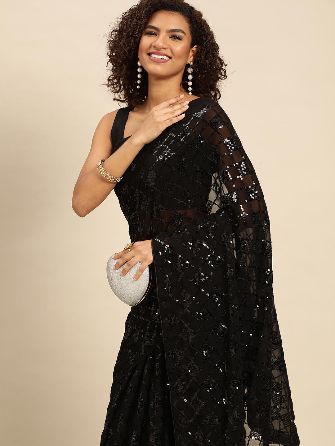 Mitera Checked Embellished Sequinned Heavy Work Saree - Image 1