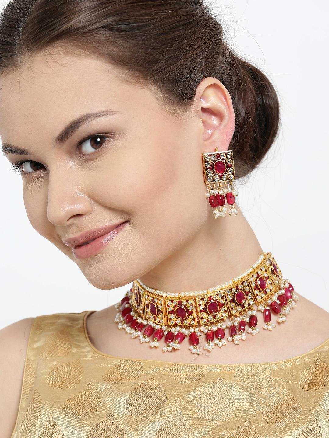 Buy Zobby Maroon Gold-Plated Handcrafted Kundan Stone-Studded