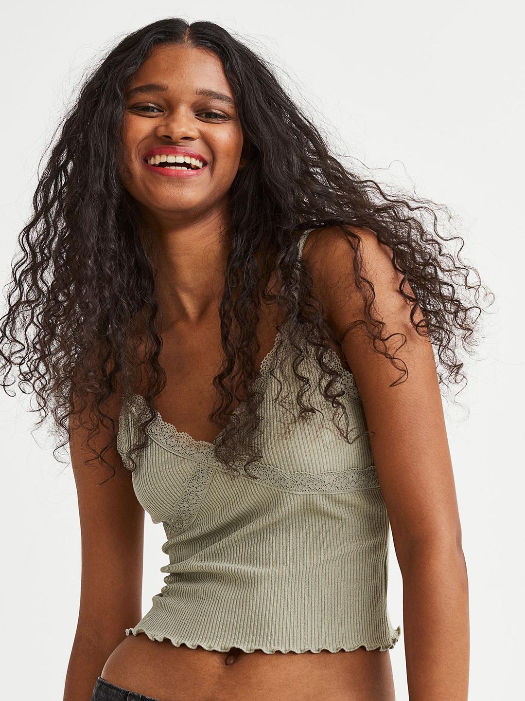 Buy H&M Women Lace-Trimmed Ribbed Top - Tops for Women 21700812
