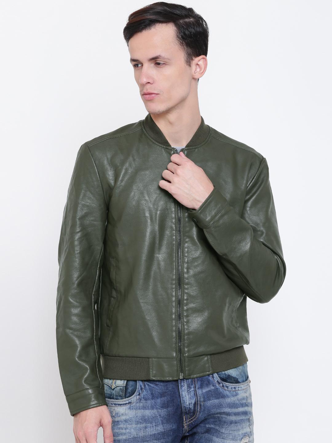 Buy FOREVER 21 Men Olive Green Solid Faux Leather Bomber Jacket