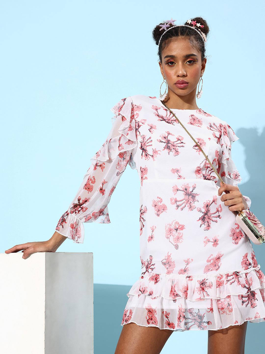 Buy QUIERO Floral Print A-Line Dress With Ruffle Detail Dresses