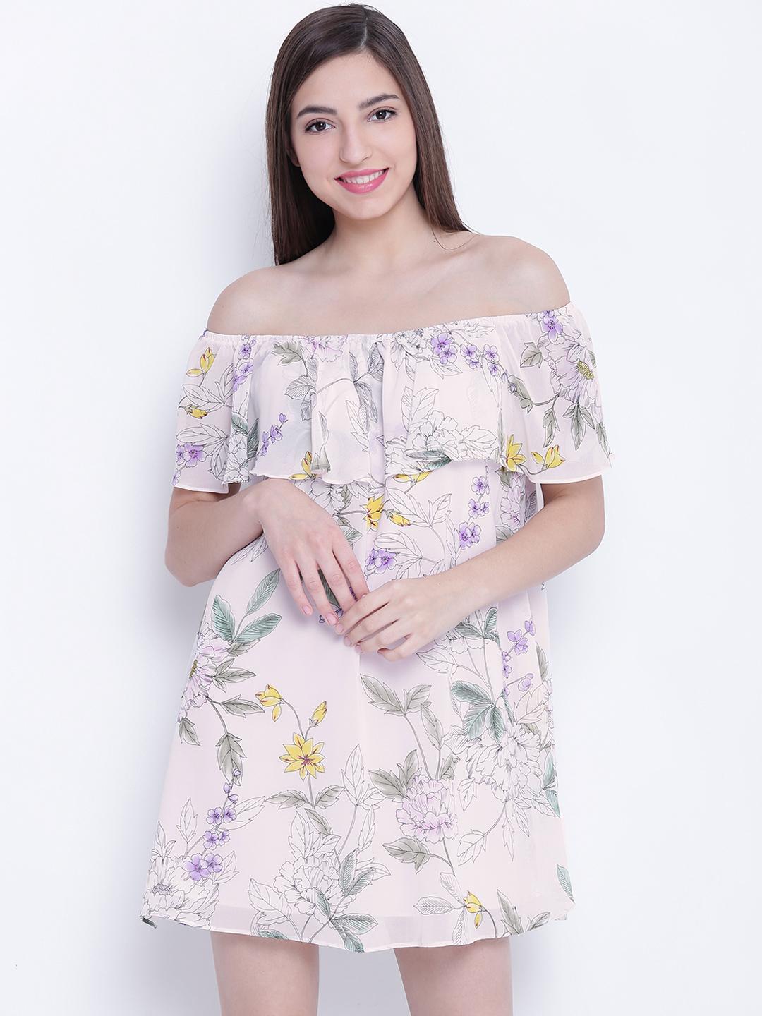 Buy FOREVER 21 Light Pink Floral Print Layered Off-Shoulder A-Line Dress -  Dresses for Women 2206263 | Myntra