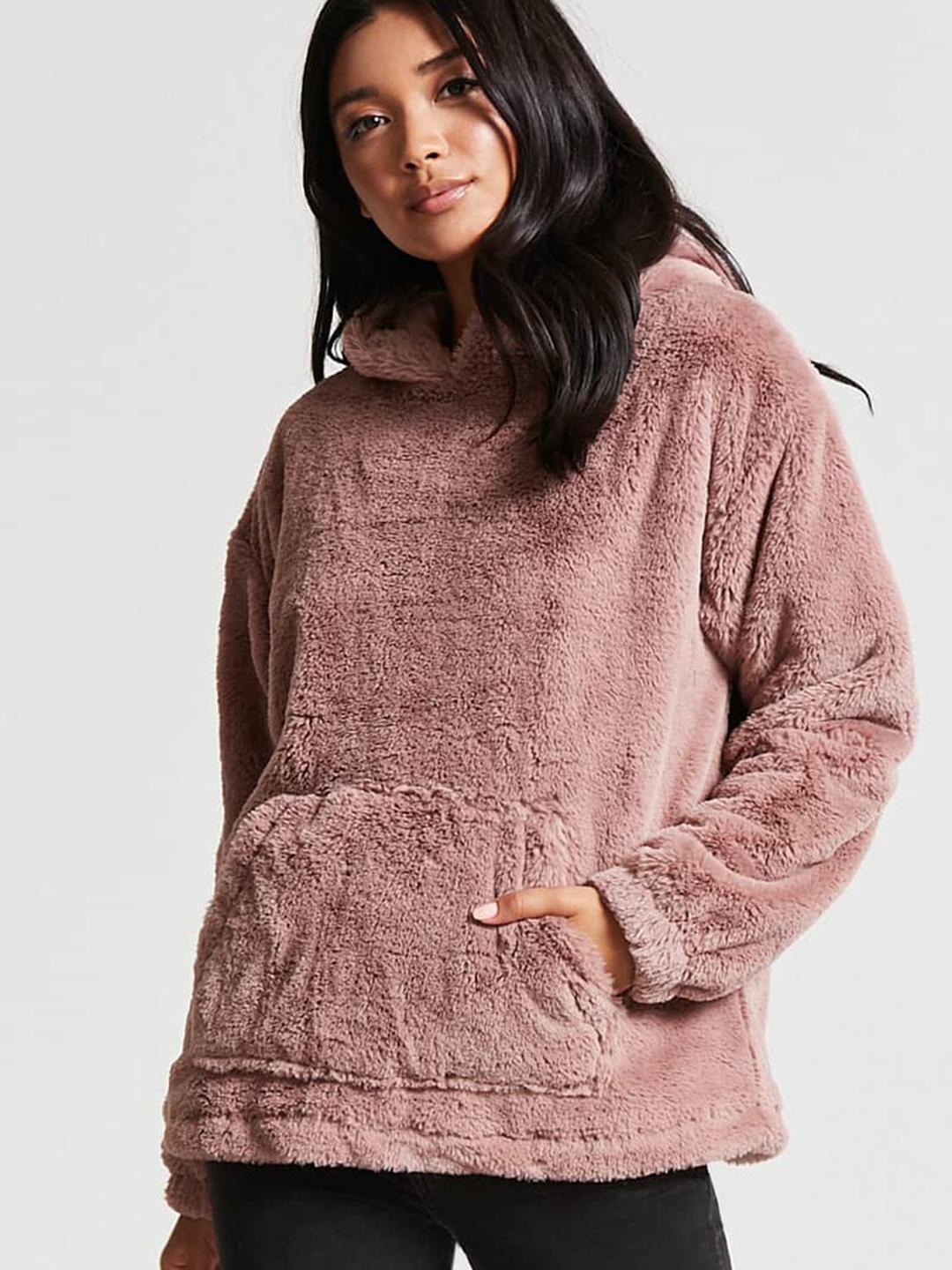 Buy FOREVER 21 Women Mauve Solid Faux Fur Hooded Sweatshirt