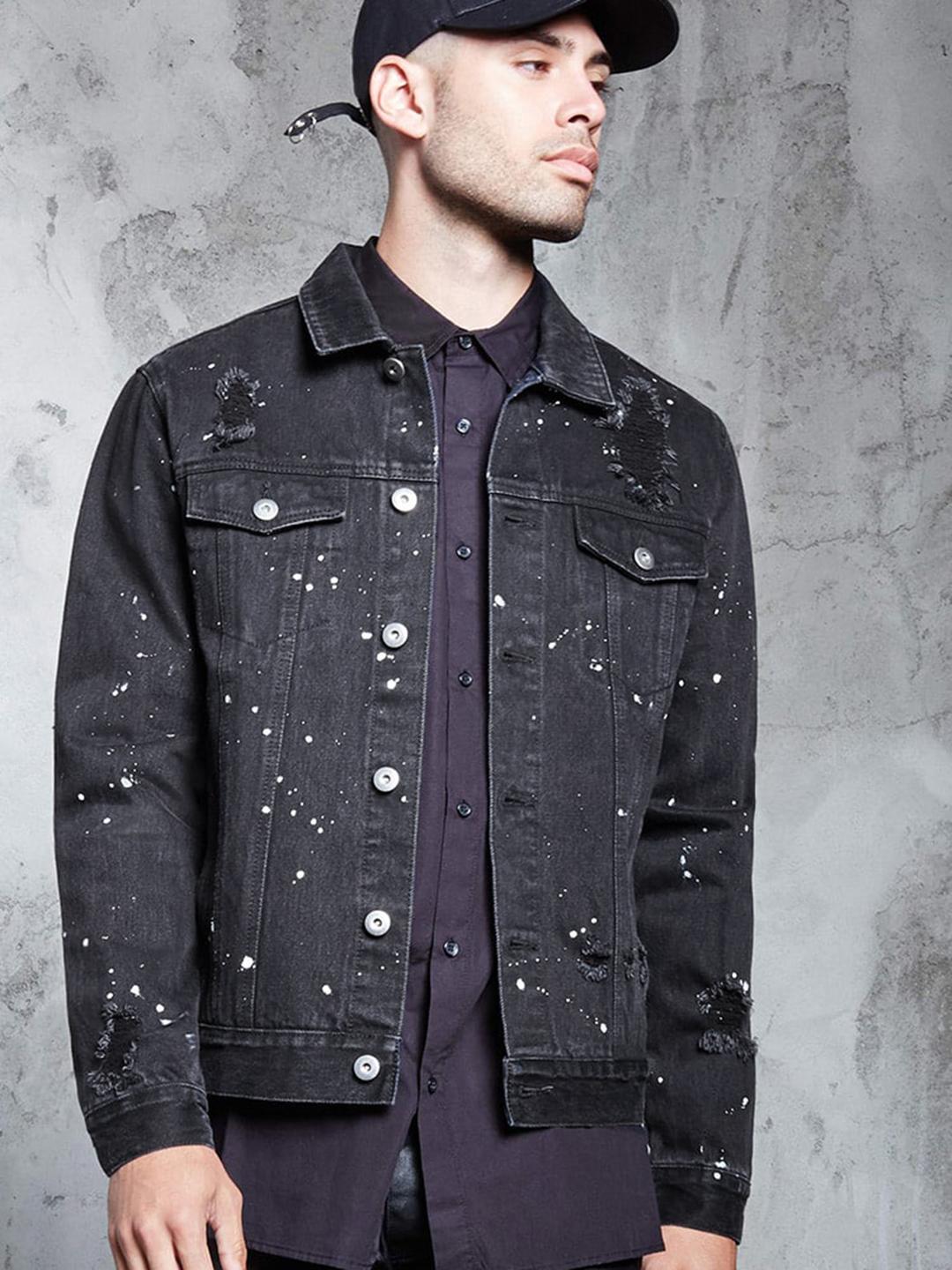 Buy FOREVER 21 Men Black Paint Splatter Effect Denim Jacket