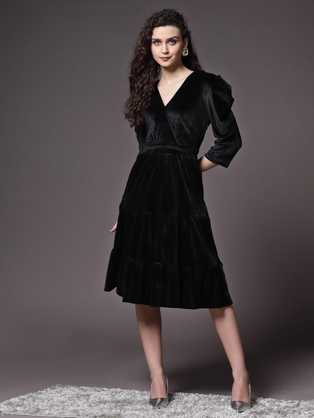Buy KASSUALLY V-Neck Puff Sleeves Velvet Dress - Dresses for Women