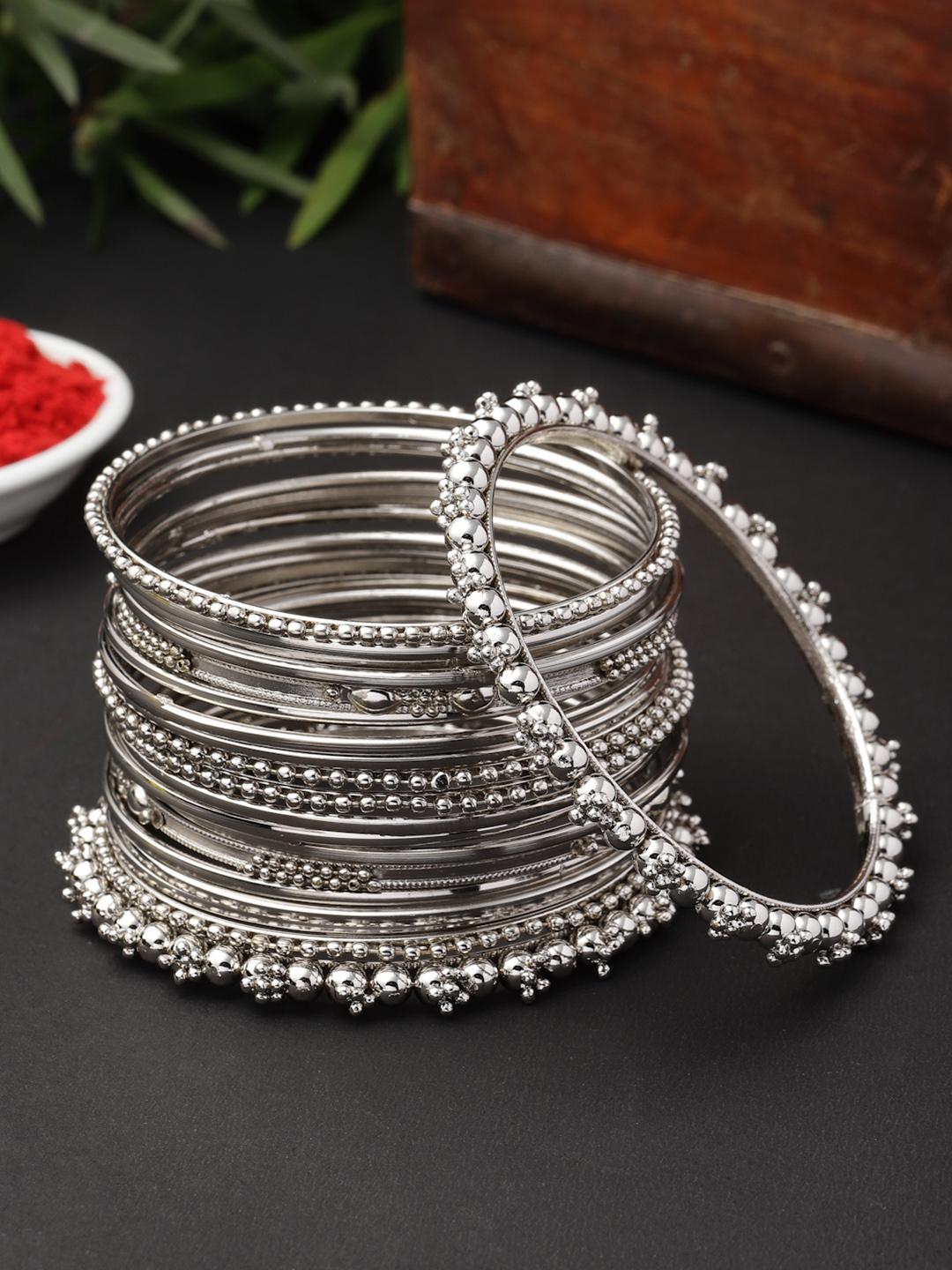 Buy ZENEME Set Of 20 Silver-Plated Oxidised Textured Bangles