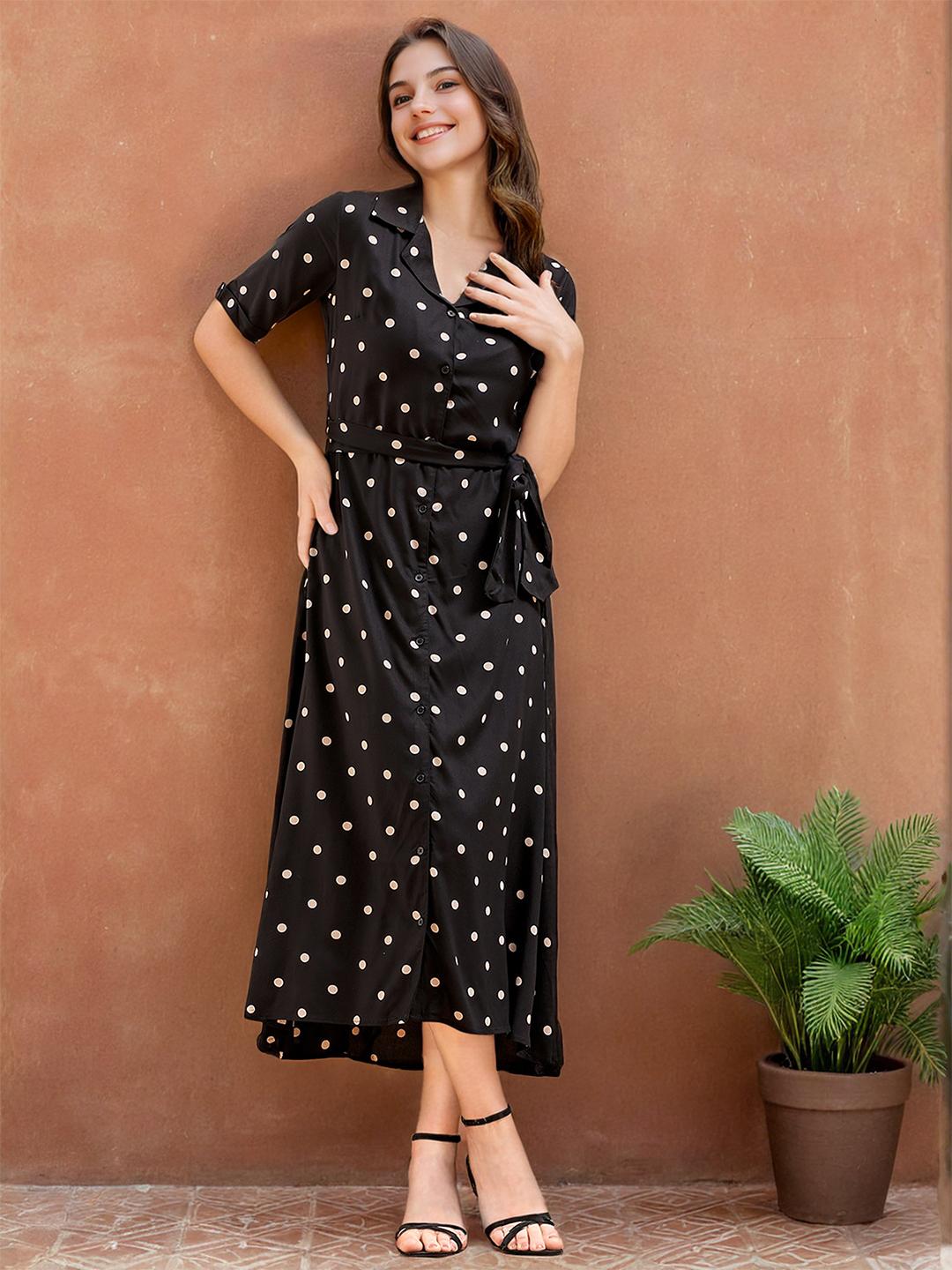 Buy Freehand by The Indian Garage Co Black White Polka Dots Printed Fit  Flare Midi Dress - Dresses for Women 22650672 | Myntra