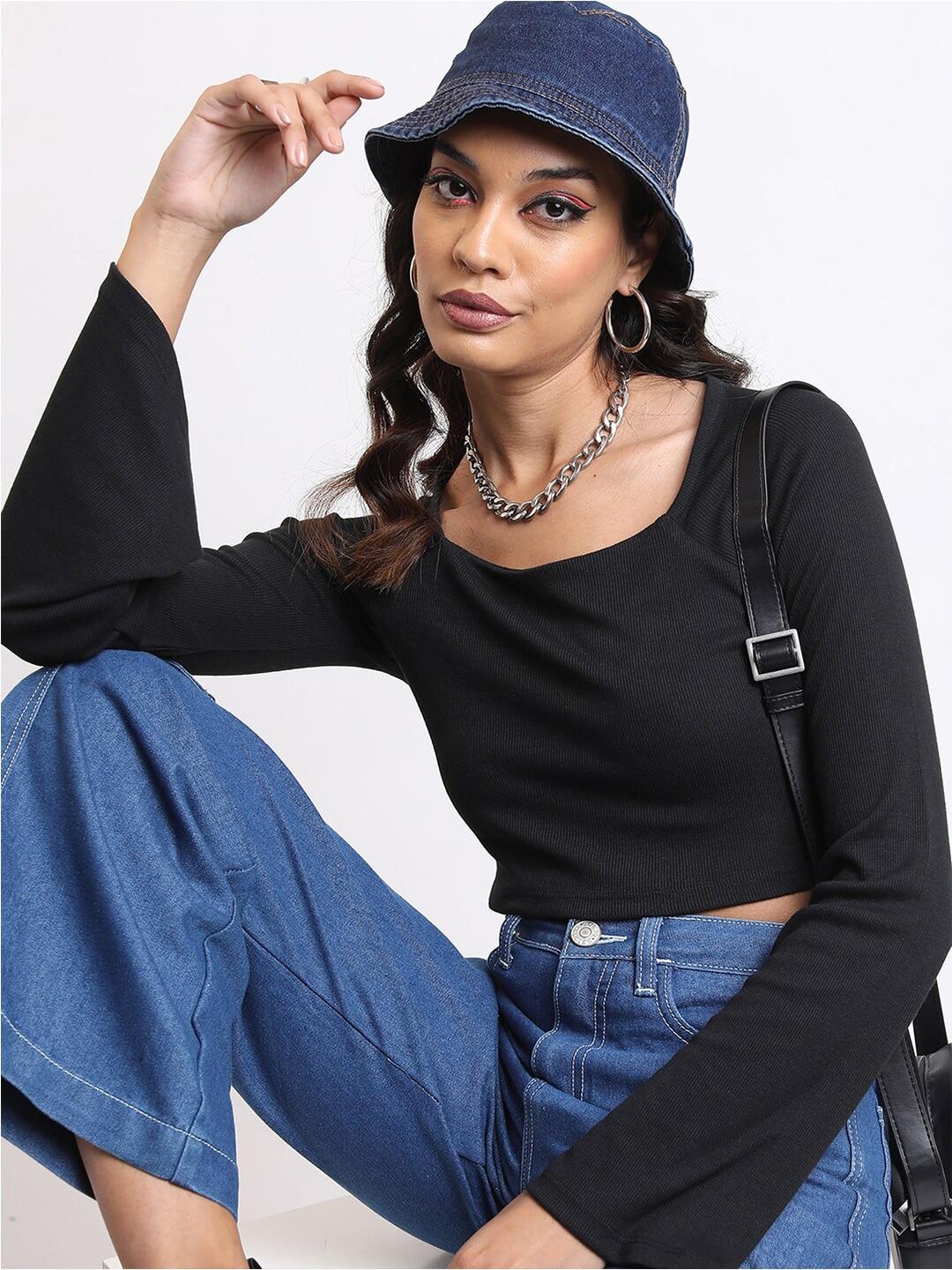 Buy Tokyo Talkies Black Square Neck Long Raglan Sleeves Regular