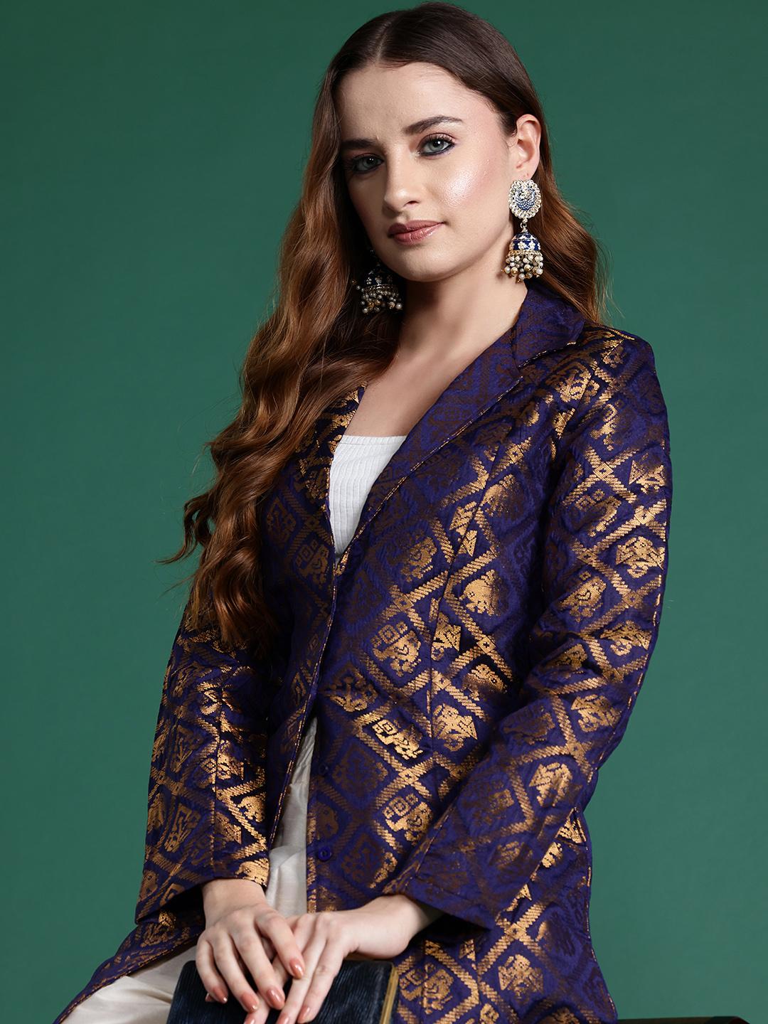 Buy Sangria Brocade Longline Ethnic Jacket Jackets for Women