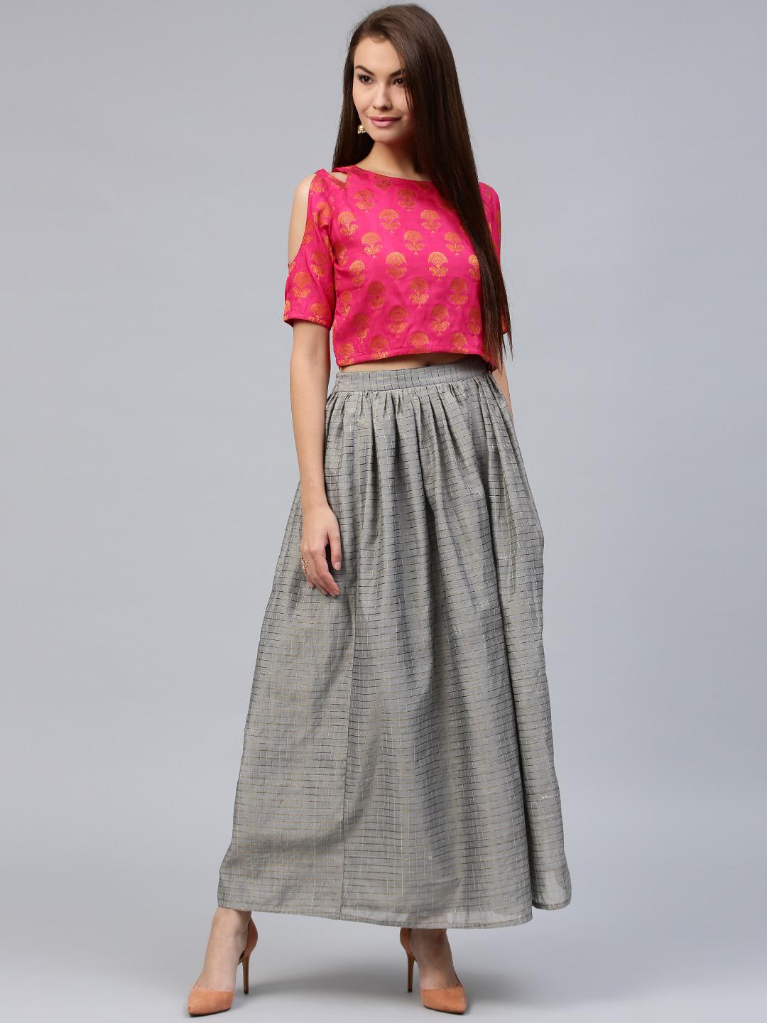 Buy Jaipur Kurti Women Pink Grey Self Design Top with Skirt Co