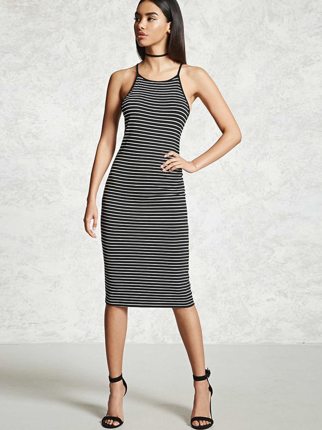 knee length dresses for ladies Leo Lin Aubrey Navy Striped Short Sleeve Midi Dress main image 1