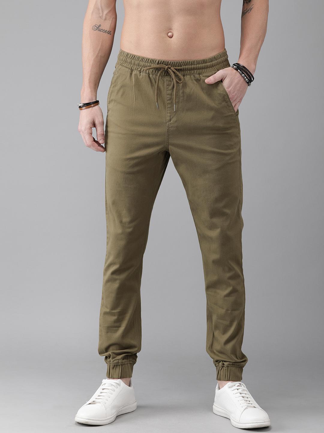 Buy Roadster Men Olive Green Slim Fit Cotton Joggers - Trousers