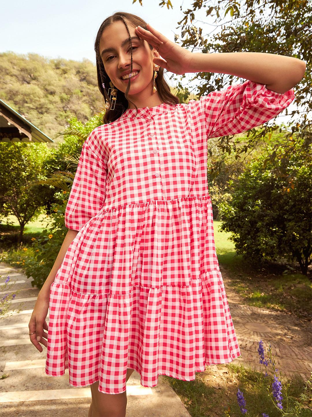 Buy SASSAFRAS Pink Checked Tiered A-Line Mini Dress - Dresses for