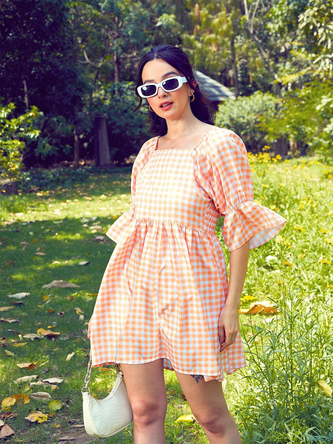 Buy SASSAFRAS Peach Checked Puff Sleeves Fit & Flare Mini Dress