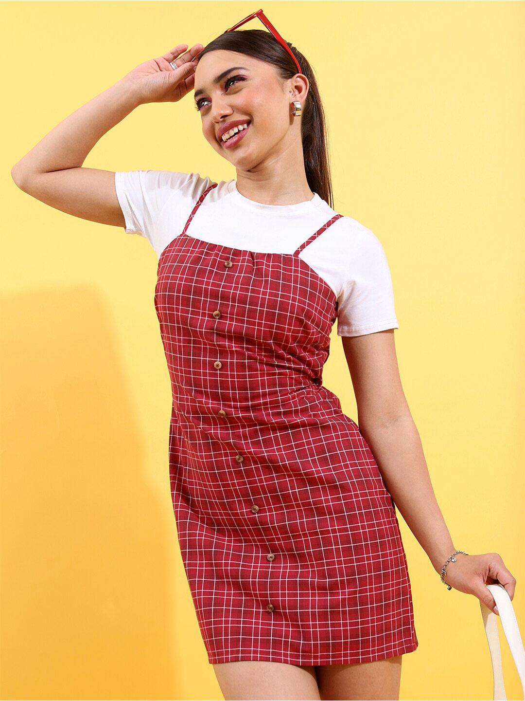 Buy Tokyo Talkies Maroon Checked Shoulder Strap Sheath Mini Dress