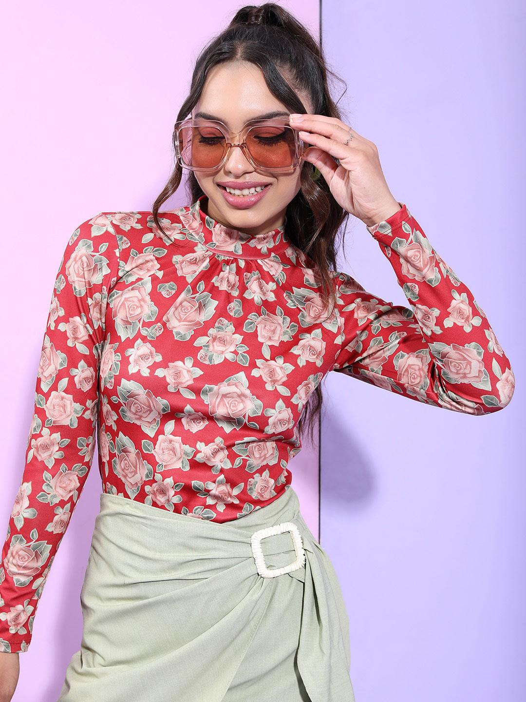 Buy Tokyo Talkies Floral Printed High Neck Cuffed Sleeves Top