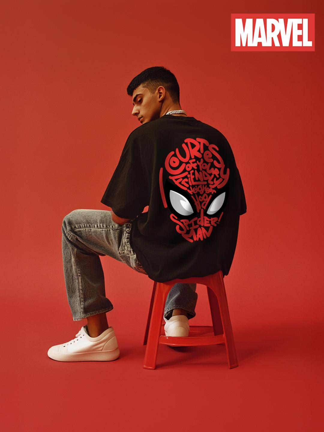 VEIRDO Marvel Black Spiderman Typography Cotton Oversized T-shirt