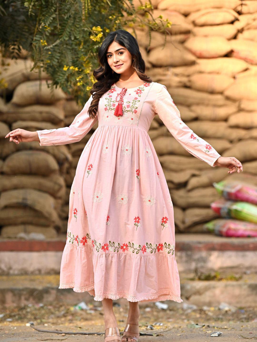 Buy Zolo Label Floral Embroidered Cotton A-Line Maxi Dress