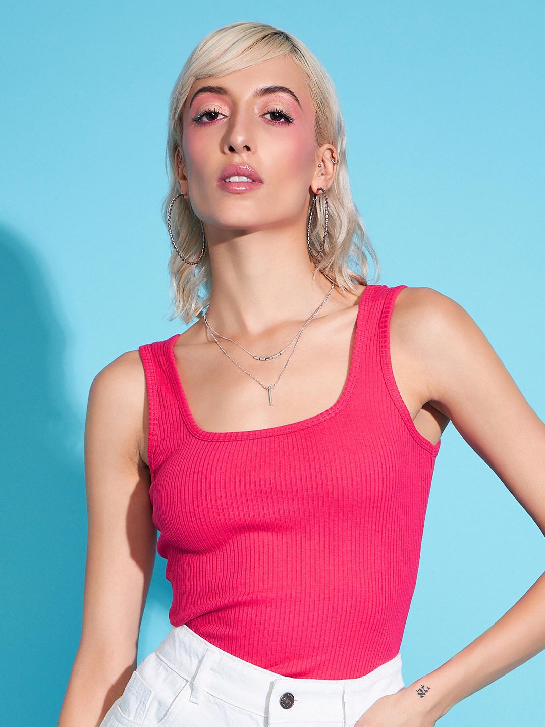 Buy SASSAFRAS Magenta Square Neck Sleeveless Top - Tops for Women