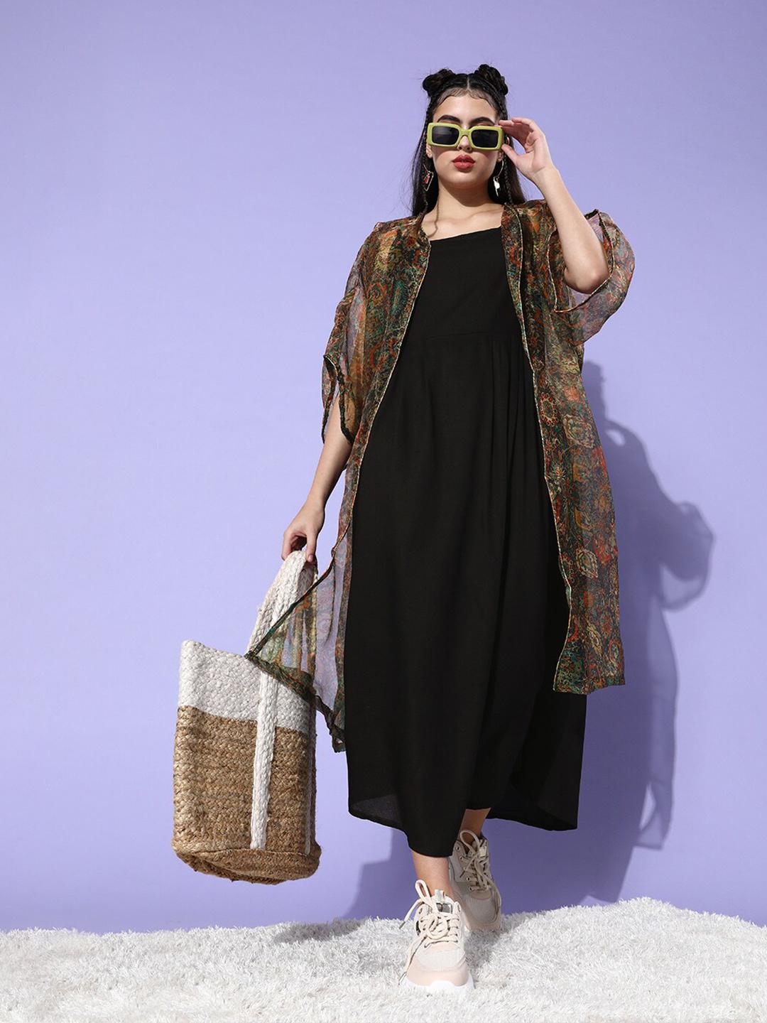 chinese dress ladies Black Round Neck A-Line Midi Dress With Shrug  Amukti