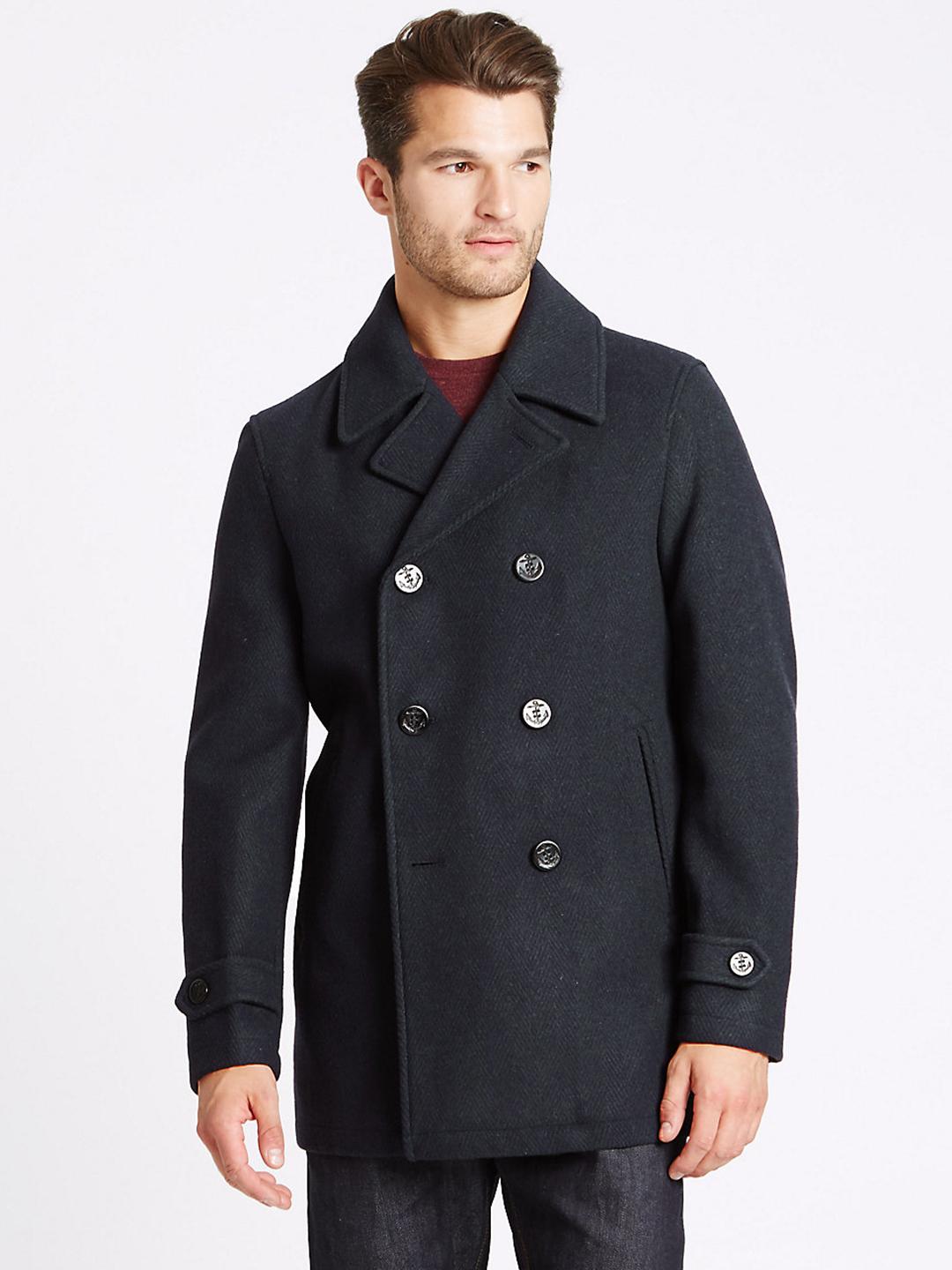 Buy Marks Spencer Navy Solid Double-Breasted Longline Pea Coat