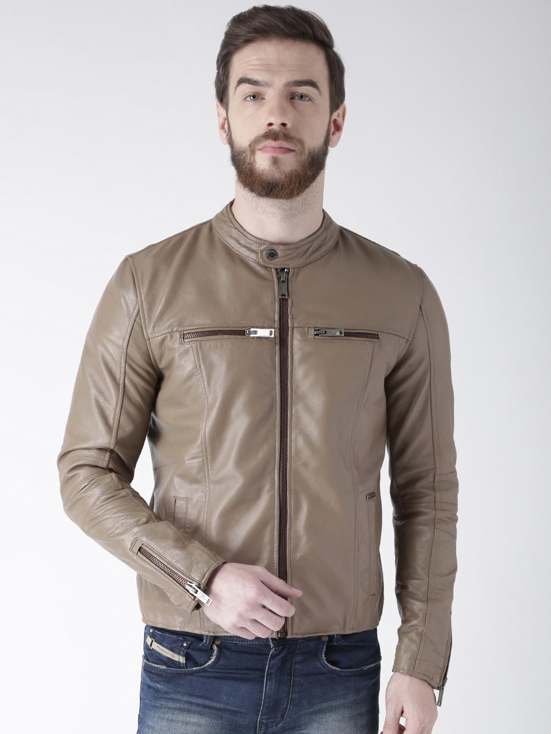 Buy BARESKIN Men Beige Solid Leather Jacket Jackets for Men